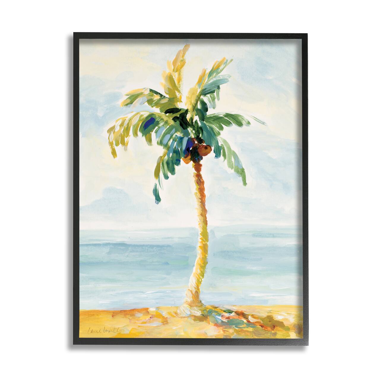 Stupell Industries Palm Tree with Coconuts on Beach Sand in Black Frame Wall Art